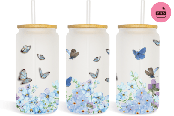 Blue Flowers Butterfly 16oz Libbey Glass