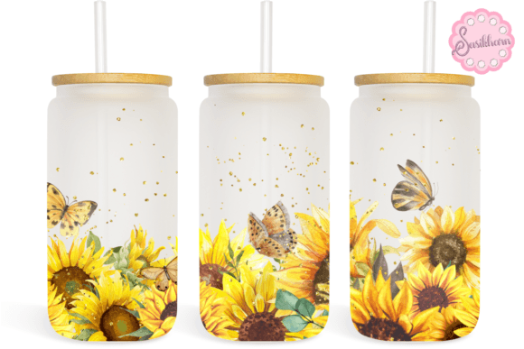 Sunflower Watercolor Butterfly Glass Can